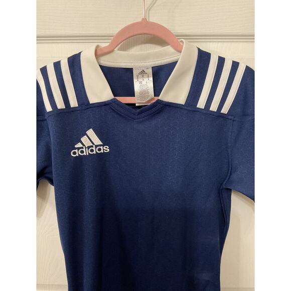NWT adidas Mens Performance Climalite 3 Stripes Fitted Blue/White Rugby Jersey,M - Picture 2 of 8